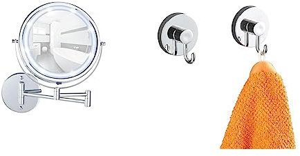 WENKO Power-Loc® LED Wandspiegel Lumi, 5-Fach Vergrößerung, Spiegelfläche Ø 17,5 cm & Vacuum-Loc® Wandhaken im 2er Set, Handtuchhalter, Haken für Handtücher und Accessoires, je 6 x 6,7 x 5 cm