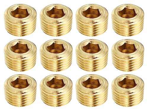 PATIKIL 1/8 NPT Ottone Esagonale Svasato Spina, 12pz Contatore Incassato Interno Esagonale Filettatura Presa Tubo Spine Maschio Raccordi per Acqua Olio Gas Conduttura