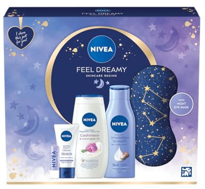 NIVEA Feel Dreamy Skincare Regime Gift Set, Women's Gift Set Includes Shower Cream, Body Lotion, Night Cream, Lip Balm, and Eye Mask, Beauty Products