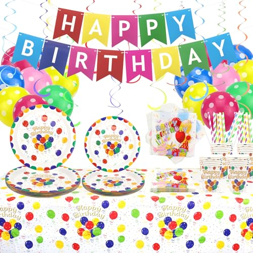 Obussgar Regenbogen Geburtstag Party Dekoration - Pastell Party Dekorationen enthält Teller, Tassen, Servietten, Strohhalme, Tischdecke, Banner für Kinder Multi Color Geburtstag Party- für 20 Gäste