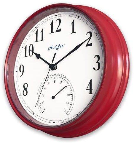 AudLee Wasserdichte Wanduhr mit Thermometer, batteriebetrieben, runde Uhr, 25,2 cm, dekorative Uhr für Garten/Haus, Sweep-Uhrwerk (rot)