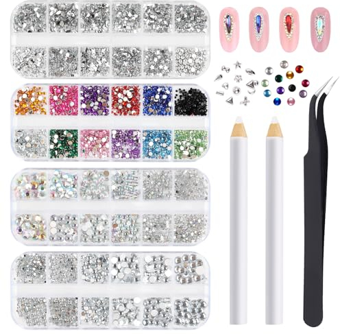 VMUTGA 4300 Stück Strasssteine für Nägel, 4 Boxen Nail Art Strasssteine Transparenter Strass Nagelzubehör mit Strass Wachsstift und Pinzette für Acryl Nagel Dekorationen Nageldesign DIY Handwerk