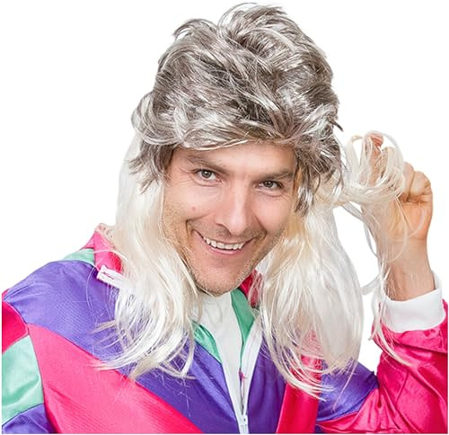 Festicy Vokuhila Perücke Herren I 80er Jahre Accessoires | 50 cm Lange Kunsthaarperücke | Perfekt für Karneval & Fasching 2026 I für Dein New Kids Kostüm bzw. 80er Jahre Outfit Herren