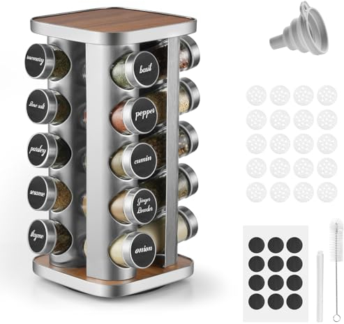 Moreau Porta Spezie Con 20 Barattoli Spezie in acciaio inox,porta spezie per cucinarotante a 360° Può essere utilizzato per il BBQ, portaspezie,portaspezie girevole,la cottura Con Etichette e Penne