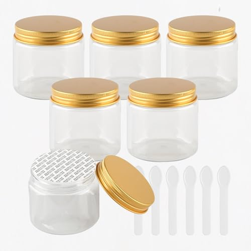 PQPAUTY 6 Pièces Vides Petit 200 ml Transparent Cosmétique Pot en Plastique avec Couvercle Or 200 g Pots de Cosmétique Crème de Bouteille Contenant avec 6x Spatules
