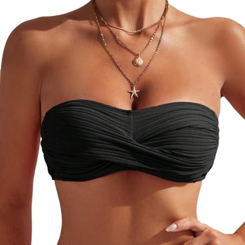 GORGLITTER Women's Bandeau Bikini Tops Ruched Twist Bathing Suit Swimsuit Top Beachwear Black M