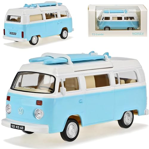 Volkwagen T2 Camping Bus Hell Blau mit Weiss und Surfbrett 1967-1979 1/43 Norev Modell Auto mit individiuellem Wunschkennzeichen