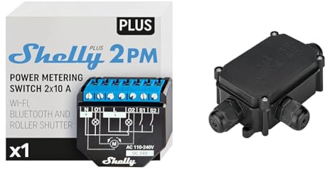 Shelly Plus 2PM | Wlan & Bluetooth 2 Kanäle Smart Relais Schalter mit Leistungsmessung & goobay 56660 IP-66 Schutzbox für Lüsterklemmen, wasserdicht, Verbindungsbox Abzweigdose Verteilerdose, Schwarz