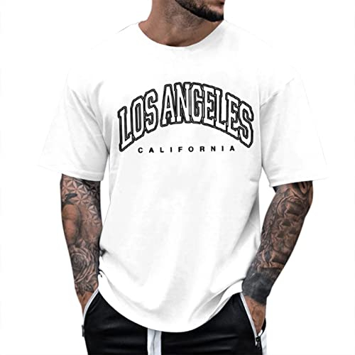 Oversized Tshirt Herren Rundhals Kurzarm Lose Sommer Oberteile Mode T-Shirt mit Los Angeles Palme Grafik T Shirts Vintage Drucken Streetwear Beiläufig Lang Tops Tee Shirt Sportshirts Weiss Schwarz