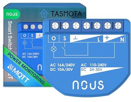 NOUS WiFi Smart Switch Modul mit Tasmota und Leistungsmesser, AC 16A/DC 10A, ESP32, Temp Sensor, Matter & MQTT, 1 Kanal, Trockenkontakte, Kompatibel mit Alexa, Home Assistant, Google Home, Apple Home