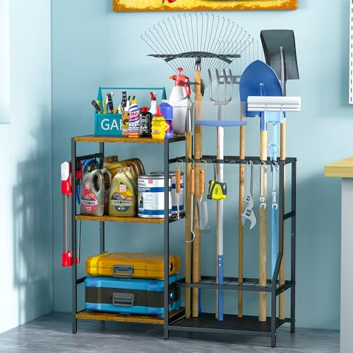 DAOUTIME Garden Tool Organizer with 3-tier Shelves, Yard Tool Organizer for Garage with 2 Hooks, Up to 21 Long-Handled Tools, Sturdy Metal Steel Tool Holder for Garage, Shed, Home, Black
