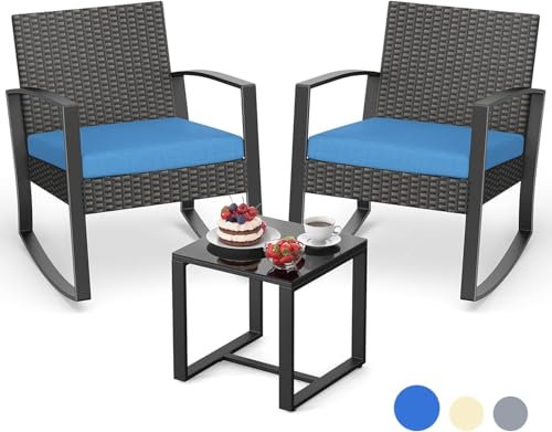 Xbro Ensemble de Meubles de Jardin 3 Pièces en Rotin avec Chaises à Bascule et Table Basse en Verre pour Porche, Terrasse et Balcon, Bleu