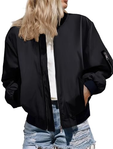 ZEAGOO Blouson Damen Herbst Dünn Bomberjacke Vintage College Jacke Lässig Coat mit 2 Taschen Reißverschluss Schwarz S