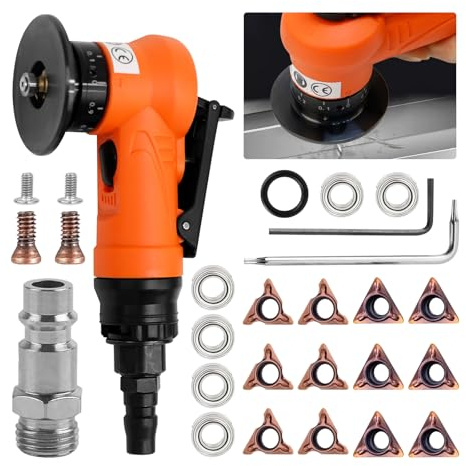 2-in-1 45° Pneumatic Chamfering Machine Set with Blade and Bearing, Hand Held Grinder Tools for Arc Corner, 1/4 Inch Air Inlet for Metal Burr Trimming Wood Deburring (6C&6R Angle Blades, OG)