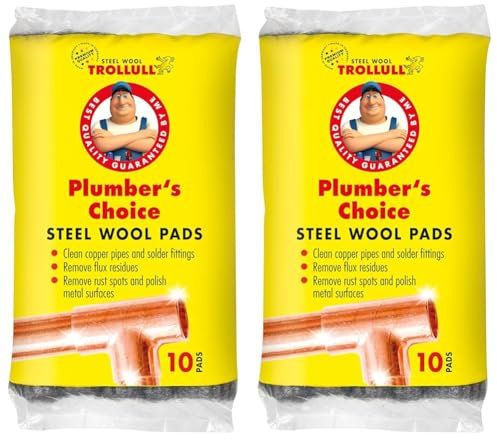 TROLLULL Steel Wool | Wire Wool Plumber’s Choice, clean copper pipes and fittings, brass and aluminium surfaces, removes surface rust, 10 pads (Pack of 2)