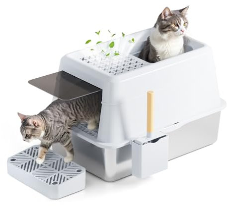FRETONBA Bac Litiere pour Chat XXL en Acier Inoxydable, Maison de Toilette Chat 26L Grande Capacité, Caisse Litiere Fermée avec Couvercle Amovible, Pelle, Pédale, Anti-fuites, Nettoyage Facile, Blanc