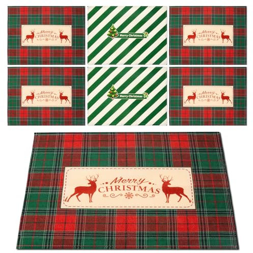 Luriseminger 6er Set Weihnachten Platzsets, Elch Bäume Weihnachts Tischsets Abwaschbar/Hitzebeständig, Polyester Leinen Platzdeckchen für Küche Tisch Party Deko- 33 x 45cm