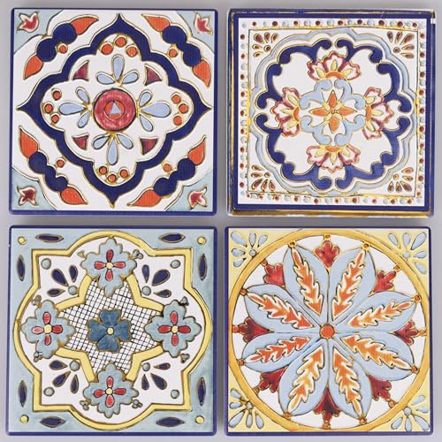 Villa d'Este Home Tivoli Set 4 mattonelle decorative, 11x11 cm, in ceramica, fondo in sughero, Yucatan