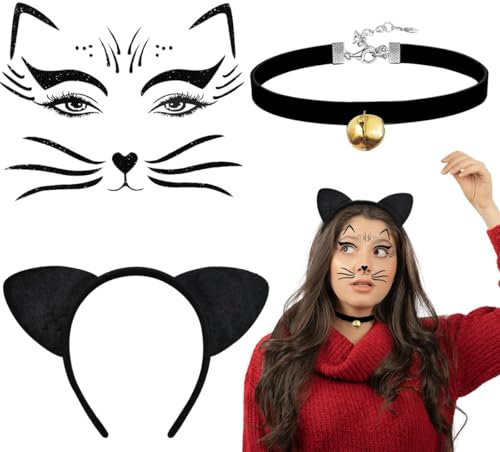 iZoeL Katzenkostüm Damen kinder, Katzenohren Haarreif Halskette mit Glöckchen Katze Gesichtstattoo Katze Kostüm Accessorie, Cat Ears für Damen Mädchen Karneval Fasching Halloween Mottoparty kostüm