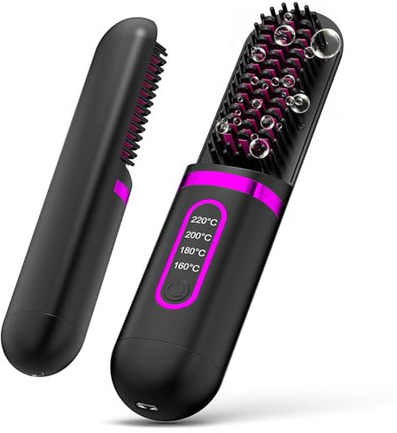 Brosse Lissante pour Cheveux, Mini Lisseur sans Fil, Brosse Lissante Chauffante 4 Températures 160-220 ℃, USB Rechargeable, Anti-BrûLure, Chauffe Rapide, Portable Brosse Lissante pour Travel (Noir)