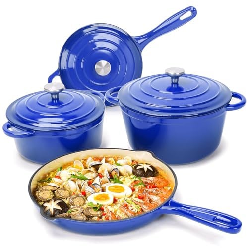 Denmay Juego de utensilios de cocina de hierro fundido esmaltado, 7 piezas, incluye horno holandés, sartén, olla para salsa con 3 tapas, juego de horno holandés para todo tipo de fuegos, olla para