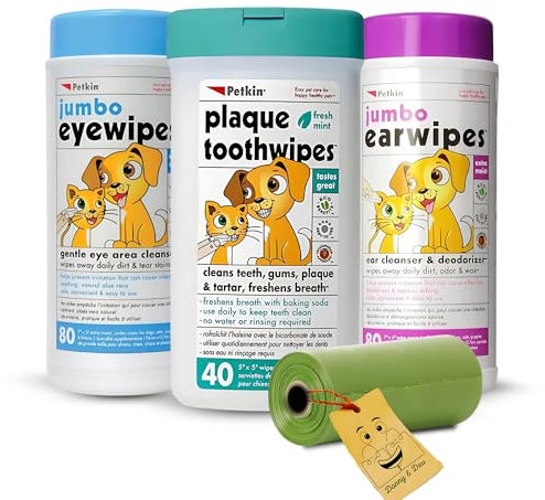 Donny & Dev Pet Hygiene Kit: Petkin Pet Wipes for Dog and Cat Essentials for Eye Ear and Teeth Cleaning with Green Poop Bags for Cat Litter and Dog Walks