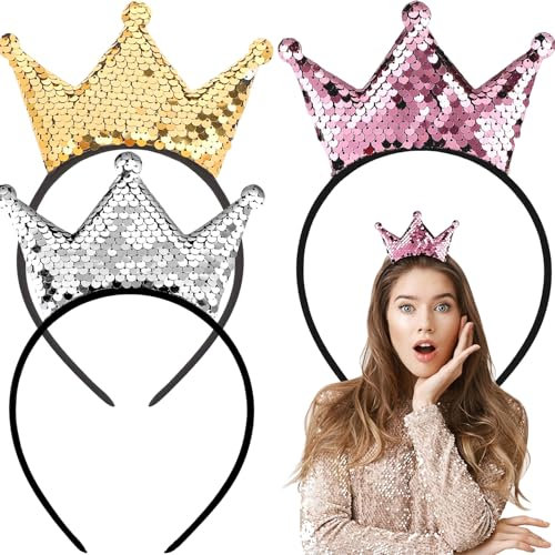 Pailletten Krone Stirnband,3 Stück Glitzernde Haarbänder Goldene Stirnbänder Glitzer-Stirnbänder Prinzessin Krone Kronen Haarband für Women Christmas Party Supplies（Gold/Grau/Pink）