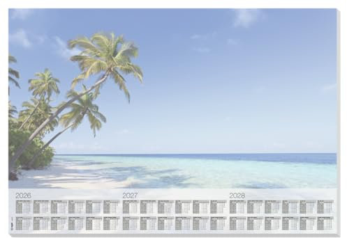 SIGEL H6470 Papier-Schreibtischunterlage DIN A2, Kalender 2026 - 2028, 30 Blatt, Palmenmotiv, Schreibunterlage aus nachhaltigem Papier