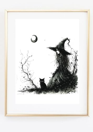 Din A4 Kunstdruck ohne Rahmen - Hexe mit schwarzer Katze - Mond Wicca Gothic Romantik - Druck Poster Bild Geschenk