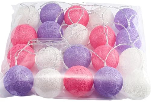 Mateju Lichterkette Innen Batterie, Kugel Lichterkette mit Fernbedienung 8 Modi Cotton Ball Lights Batteriebetrieben Baumwollkugeln Lichterkette für Zimmer, Innen Deko (Lila Pink,5M/50LED)