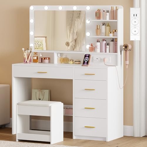 Hzuaneri Schminktisch mit 10 LED-Beleuchtung, Hocker, Weiß | Frisiertisch mit Große Spiegel, Schminktische mit Stecker, Und Haartrocknerhalter, Und Mehreren Schubladen, DT42903XEU