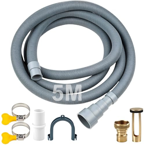 msymsyu Tuyau de vidange de 5 m pour machine à laver et lave-vaisselle avec 1 raccord d'eau à fermeture automatique avec colliers de serrage, arceau et raccord de tuyau