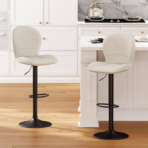 LEWE Barhocker 2er Set, 360° drehbare, Höhenverstellbar, Stofflehne, Beige | Küchenhocker mit atmungsaktiver Stofflehne und metallener Fußstütze, modern skandinavisch für Küche, Bar und Esszimmer