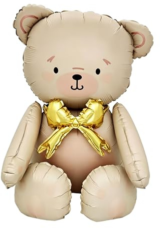 Folienballon Bär, XXL Folienballon Teddybär, Creme mit goldener Schleife, Stehender Ballon für Bär Themenparty, Geburtstag, Valentinstag, Fotografiezubehör (Multicolor F)