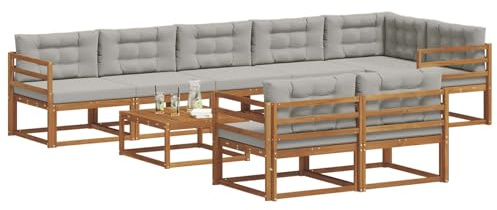 vidaXL Outdoor-Sofagarnitur mit Kissen 9 pcs Natürlich und Hellgrau, Outdoor-Sitzmöglichkeiten, Garten-Lounge-Sofaset, Langlebige Terrassen-Sektional, Modernes Gartenmöbel