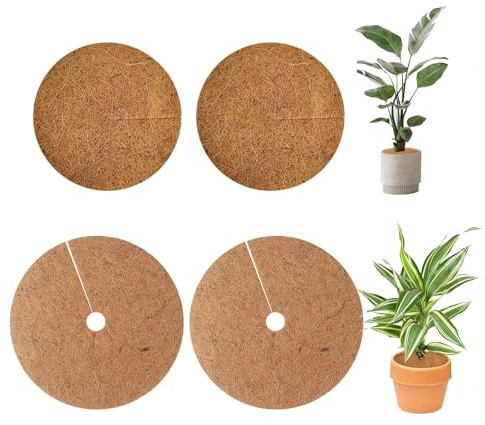 JOVYTH Esterillas de Coco, Paquete de 4, Disco de Mantillo de Coco, Cubierta para Macetas, Protección para Plantas de Coco, Disco de Coco, Protección Sostenible para Plantas
