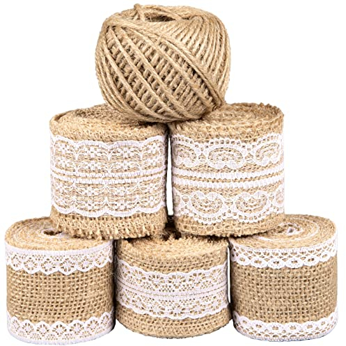 Whaline 11 Yards / 5 Rouleau Ruban en Toile de Jute avec Dentelle DIY et 1 Rouleau Ficelle pour Déco Mariage Artisanat