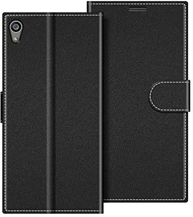 COODIO Handyhülle für Sony Xperia Z5, Leder Klapphülle mit Magnetverschluss, Standfunktion, Kartenfächer, Schwarz