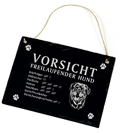 Rottweiler Schild Schiefer Schiefertafel Spruch - Vorsicht Freilaufender Hund - Türschild 22x16cm | Dekolando