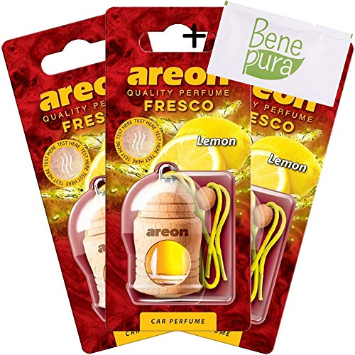 AREON - Deodorante per auto, profumo fresco, 4 ml, profumo di limone, diffusore da appendere con coperchio in legno naturale, lunga durata, set da 3