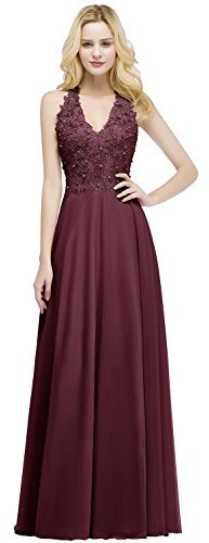 Misshow Robe Femme Longue Demoiselle d'honneur avec Dentelle Florale Robe Femme Vintage Longue Maxi pour Cérémonie Bordeaux 36