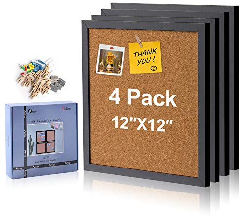 AkTop Pinnwand aus Kork, 30,5 x 30,5 cm, schwarz gerahmt, 4 Stück, kleine quadratische Pinnwand für Wand, kleine dicke Korkfliesen mit 16 Pin-Holzklammern für Schule, Zuhause und Büro