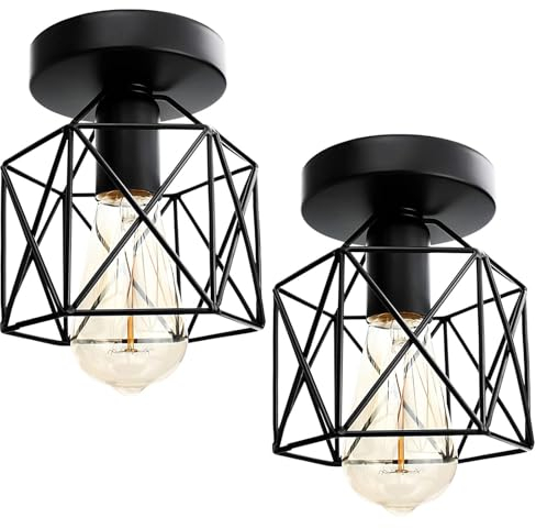 2PCS Industrial Vintage Ceiling Light,Semi Flush Rustic Ceiling Lights,Black Metal Lantern Ceiling Light for Living Room Kitchen Bedroom Hallway Courtyard