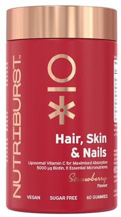 Nutriburst - Hair Skin and Nails Gummies - Biotin Zinc Vitamin E for Thicker Hair & Stronger Nails - Sugar Free Supplements - 60 Gummies 1 Month Supply - Suitable for Vegetarians & Vegans