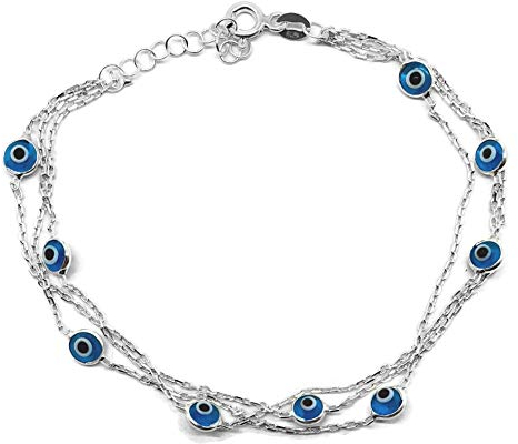 MYSTIC JEWELS by Dalia 19 cm Armband aus Silber mit bösen Augen, dreifache Kette mit kleinen Augen, für Glück, Kristall… (Hellblau)
