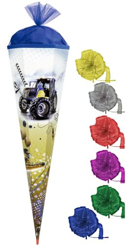 mit Silberfolie ! - Schultüte - Traktor - 70 cm - incl. Schleife - mit Holzspitze/Filzabschluß - Zuckertüte Roth - für Jungen - Bauernhof Traktoren