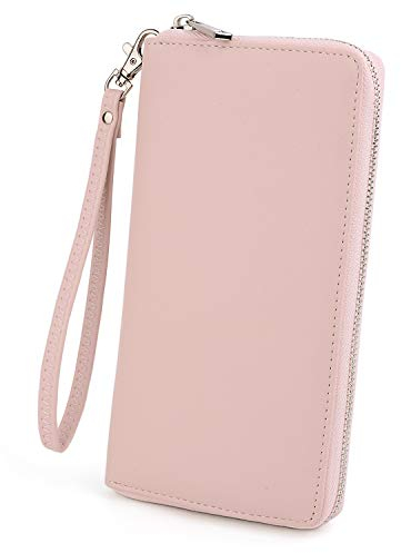UTO Portefeuille Femme Porte Cartes 18 Fentes Grand Capacité Pochette Fermeture éFoncé avec Bracelet Synthétique Rosé