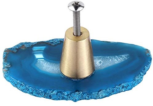 KYEYGWO 4 Stück Blau Unregelmäßig Achat Scheiben Möbelknöpfe mit Schraube, Messing Schubladenknöpfe Dekoration Kommodenknöpfe Schrankknöpfe Garderobe Ziehgriff