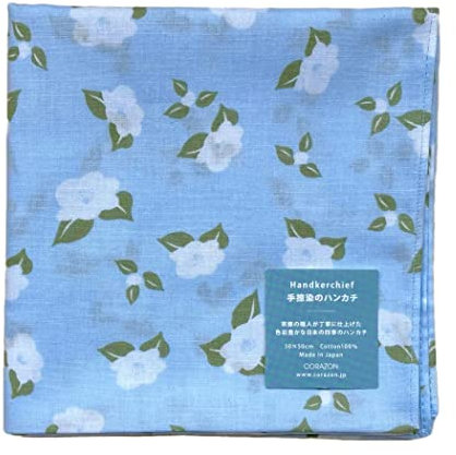 NOREN Taschentuch, Furoshiki (handgefärbter Yuzen Druck) / Made in Japan 50 cm 100% Baumwolle Bento-Wickeltuch Haupt Schal, Kamelienblau