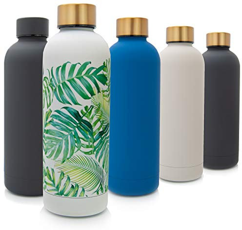 T&N Edelstahl Trinkflasche 500ml – Thermosflasche für Büro – auslaufsichere Wasserflasche für Kohlensäure – Thermoskanne unterwegs – Isolierflasche Tee. Kaffee – Gold | Tropical Leaves Edition